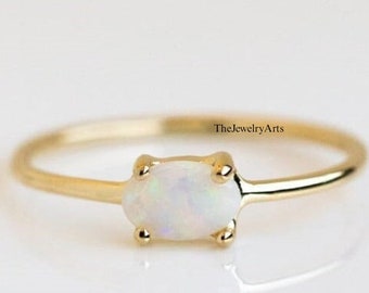 24K Gold Opal Ring, Oval Ring, Dainty Opal Ring, Minimalist Ring, Stacking Ring, October Birthstone Ring, Gift for her