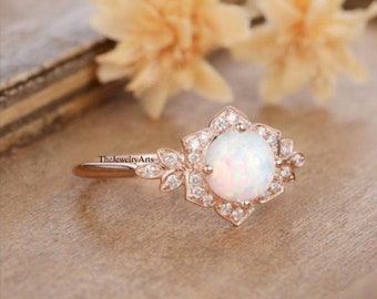 Vintage Opal Engagement Ring, Rose Gold Ring, Art Deco Wedding Ring, Opal Bridal Ring, Anniversary Promise Ring, Ring for Her, Proposal Ring