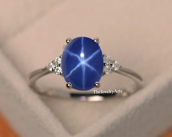 Bague étoile Lindy ovale Bague étoile Lindy bleue Bague saphir étoilé en argent sterling 925 Bague de fiançailles pour femme Bague de promesse