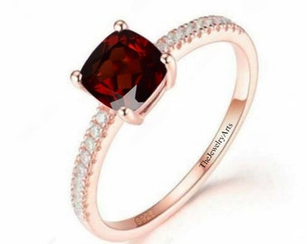 Red Garnet Ring, January Birthstone, Wedding Ring, 14K Rose Gold Ring, Engagement Ring, Gemstone Ring, Red Stone Ring, Cushion Cut