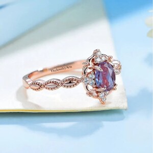 Oval Cut Alexandrite Ring Engagement Ring Sterling Silver Color Changing June Birthstone