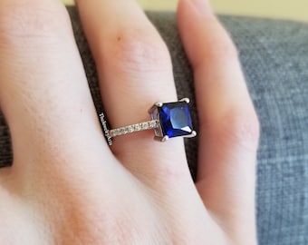 Vintage Blue Sapphire Ring,Square Cut, Sterling Silver, Sapphire Jewelry Rings ,September Birthstone, Promise Ring For Her