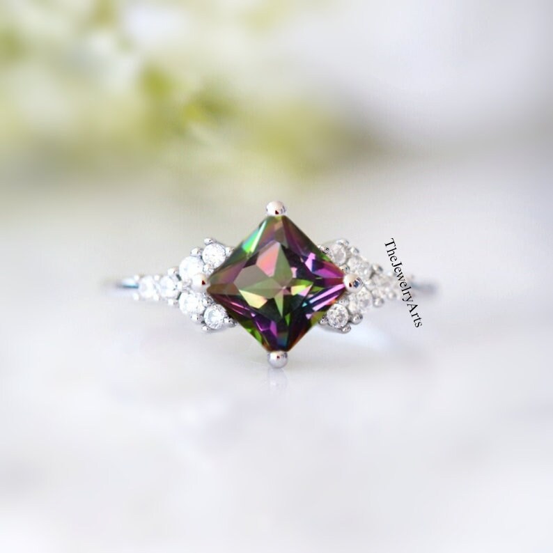 Mystic Topaz Ring, Rainbow Mystic Topaz Ring, Square Cut, Silver