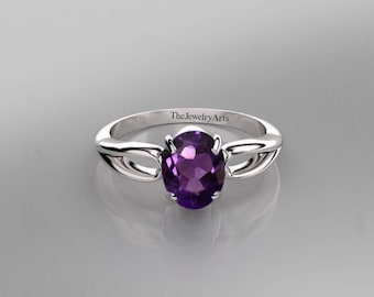 Améthyste violette ovale 925 argent sterling pierre précieuse améthyste bague en argent bague en améthyste naturelle | Bague en améthyste pour femme, bague de promesse