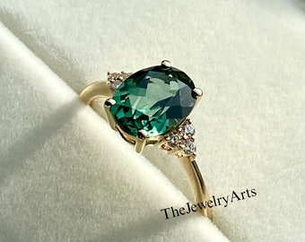 Green Sapphire Ring, Oval Cut, 14k Gold Plated Engagement Ring, Teal sapphire Ring