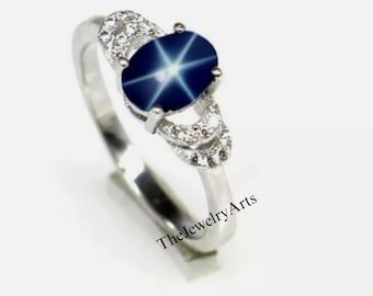 Bague Fiançailles Saphir étoile Bleu Argent 925 – Ovale Naturelle – Fait Main Inde