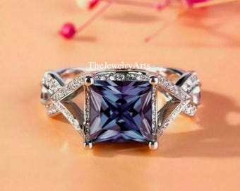 Vintage Alexandrite Ring, Silver Alexandrite Ring, Engagement Ring, Promise Ring, June Birthstone, Anniversary Gift For Women, Square Cut