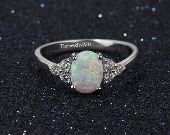 Opal Ring Dainty, Opal Stacking Ring, White Opal and CZ Ring, Silver Opal Ring, Women Opal Ring, Delicate Opal Ring, Bridesmaid Gift