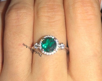 Emerald Rings, Anniversary Rings, May Birthstone, Round Cut Green Gemstone, Solid Silver Rings, Vintage Rings