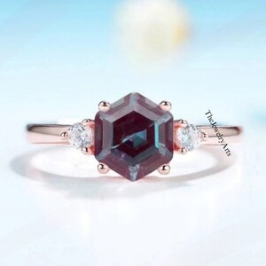 Delicate Alexandrite Ring, Hexagon Alexandrite Ring Halo Engagement Ring Sterling Silver June Birthstone Promise Ring