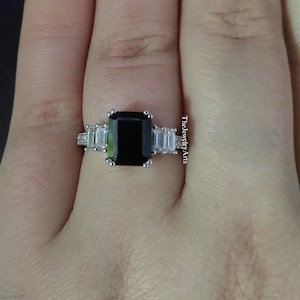 Anniversary Ring, Natural Black Spinel Ring, Emerald Cut Black Gemstone, 925 Sterling Silver Ring