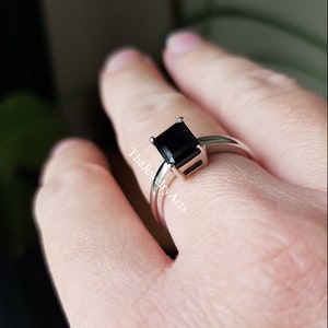Ring Black Spinel, Emerald Cut Solitaire Ring, Sterling Silver Ring, Black Gemstone Ring, Anniversary Ring
