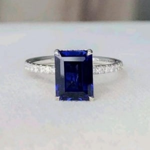 Lab Sapphire Ring Blue Gemstone September Birthstone Emerald Cut Gemstone Sterling Silver Wedding Ring