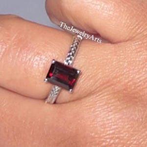 Engagement Ring, Natural Garnet Ring, Emerald Cut Red Gemstone, January Birthstone, Wedding Ring, 925 Sterling Silver Ring