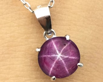 Colar com pingente de rubi estrela natural em prata 925, pedra do mês de julho, pingente feminino, pingente redondo de rubi estrela feito à mão, presente para ela.