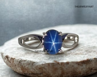 Vintage Lindy Star Ring, Damenring mit blauem Stern und Saphir in 925 Sterling Silber, Lindy Star Verlobungsring, Versprechensring