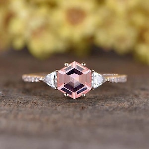 Pink Morganite Vintage Ring, Hexagon Engagement Ring, Rose Gold Vermeil Ring Sterling Silver Statement Promise Ring Anniversary Gift for Her
