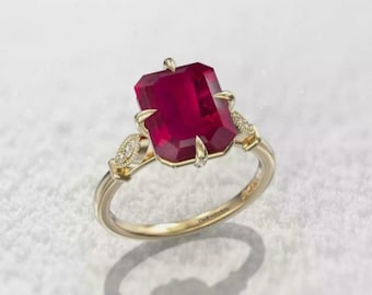 Unique Ruby Ring Emerald Cut Gemstone Ring Lab Ruby Ring July Birthstone Ring Promise Ring for Her