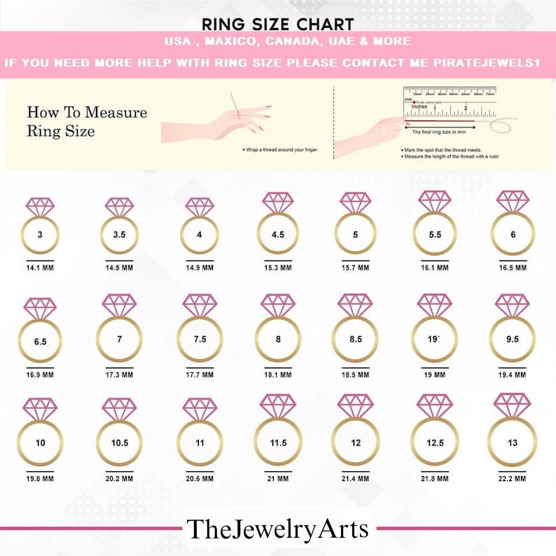 K&ouml;nnte beinhalten: Eine Ringgr&ouml;&szlig;entabelle mit einem Diagramm, das zeigt, wie Sie Ihre Ringgr&ouml;&szlig;e messen. Die Tabelle zeigt die entsprechende Ringgr&ouml;&szlig;e in Millimetern f&uuml;r die Gr&ouml;&szlig;en 3 bis 13.