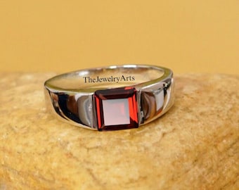 Garnet Men Ring Vintage Square Cut Garnet Engagement Ring Garnet Ring Red Gemstone  Unique Garnet Ring