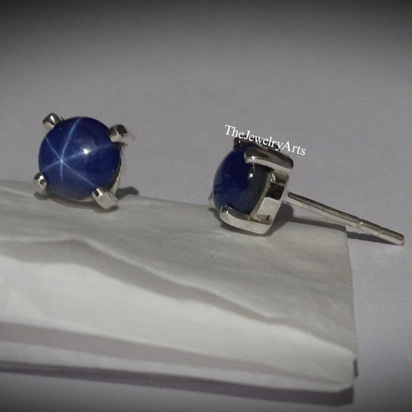 Round Star Sapphire Earrings Genuine Lindy Blue Star Earrings for Bride Blue Star Earrings in 925 Sterling Silver