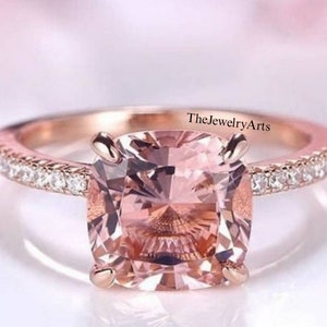 Cushion Morganite Wedding Ring, 24K Rose Gold Vermeil, Pink Gemstone, Vintage Halo Ring