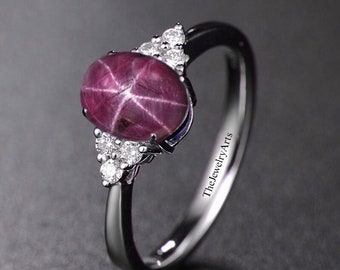 Anillo unisex de plata de ley 925 con rubí estrella auténtico. Joyería llamativa con diseño de rubí estrella. Anillo delicado con forma de estrella. Piedra preciosa estrella. Regalos para el Día de la Madre.