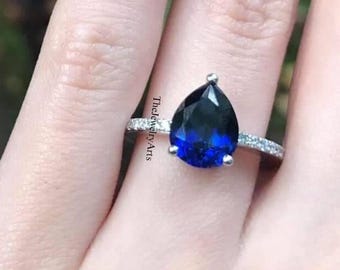 Saphir Ring, Birnenschliff blauer Edelstein Ring, Sterling Silber Ring, September Birthstone, Verlobungsring