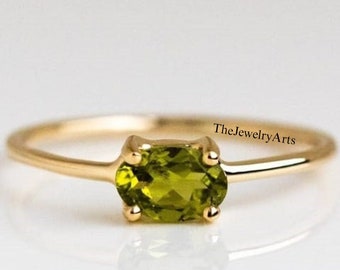 Simple Minimalist Ring, Dainty Natural Peridot Ring, Oval Cut Green Gemstone Ring