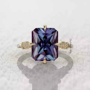 Lab Alexandrite Ring, Color Changing Stone Ring, Emerald Cut, June Birthstone, Gold Plated Ring, Engagement Ring
