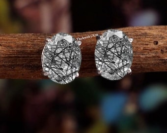 Black Rutile Stud Earrings, Tourmalinated Quartz Earrings for Women, Quartz Earrings, Vintage Black Rutilated