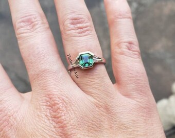Beautiful Green Sapphire Ring, Asscher Cut, Solid Silver Engagement Ring, Teal Sapphire Jewelry
