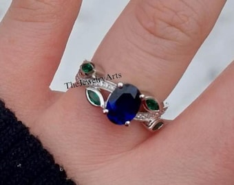 Sapphire Ring, 925 Sterling Silver, Leaf Ring, Multistone Ring, Blue Sapphire Ring, Sapphire Wedding Ring, Promise Ring, Gift For Her