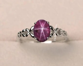 Natuurlijke sterrobijnring, echte sterrobijnsieraden, handgemaakte ring juli geboortesteenring 925 sterlingzilveren ring uniek cadeau voor vrouwen