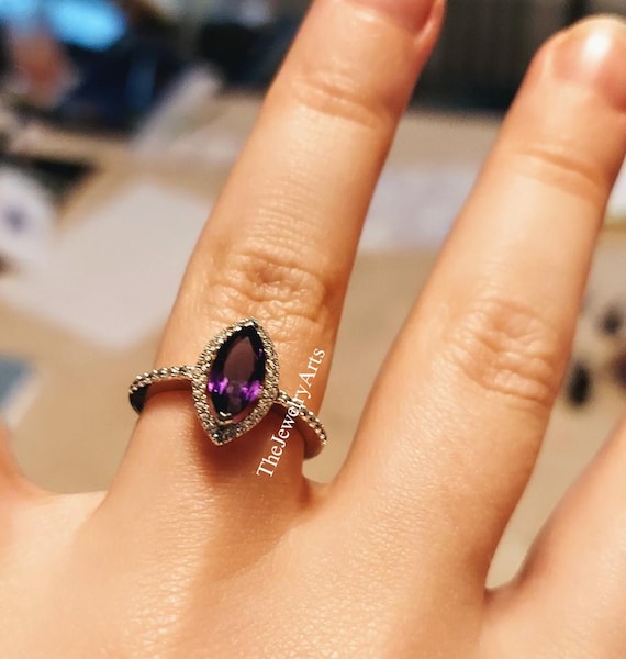 Purple Amethyst Ring, Marquise Cut Gemstone, February Birthstone