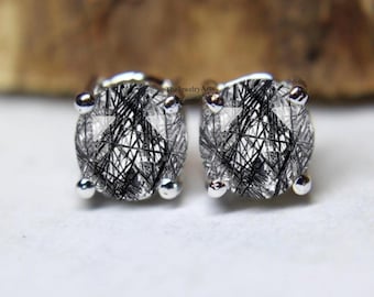 Round Faceted Stud Earrings, Black Rutilated Quartz Earrings, Tourmalinated Quartz Earrings, Stud Earrings, Quartz Crystal Earrings
