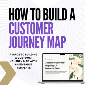 May include: A laptop screen displaying a guide on how to build a customer journey map with an editable template. The guide includes a graphic of a winding path through a forest. The text on the screen reads "Customer Journey Mapping: A Powerful Tool".