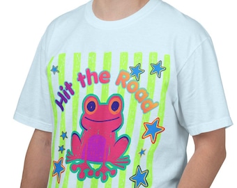 „Hit the Road“-T-Shirt mit Krötenmotiv, süßes T-Shirt mit Krötengrafik, lustiges Frosch-Shirt, Retro-Tier-T-Shirt, Shirt im Dopamin-Stil, farbenfrohes Unisex-Natur-Shirt