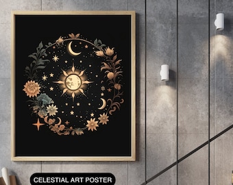 Celestial Sun Moon Printable Wall Art Decorative Cosmic Boho Design ...