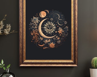 Celestial Sun Moon Printable Wall Art Decorative Cosmic Boho Design ...