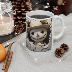 Spooky Cute Scarecrow Halloween Mug - Ceramic Coffee Cup - Fall Harvest Decor - Autumn Drinkware