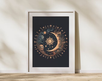 Celestial Sun Moon Printable Wall Art Decorative Cosmic Boho Design ...
