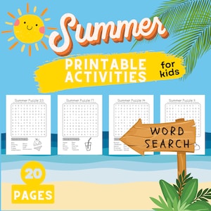 20 Page Printable Summer Word Search Set, Word Puzzle Activity for Kids, PDF