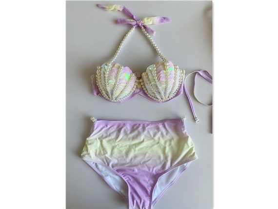 Summer Festival Mermaid Bra Sequin Pearl Shell Bikini Purple Size S to XL