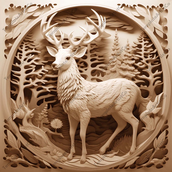 Laser Burn PNG, Laser Engrave, Wood Engraving 3D Illusion, Lightburn File, Glowforge Laser Burn PNG Engraving Laser Ready Deer in Forest V5