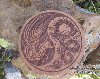 Yin Yang Hardwood Plaque, Dragon Phoenix Sign