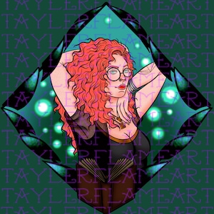 May include: A woman with long, red hair and glasses is holding a closed book. She is wearing a black shirt and a necklace with a pendant. The background is a dark green diamond shape with glowing green orbs.