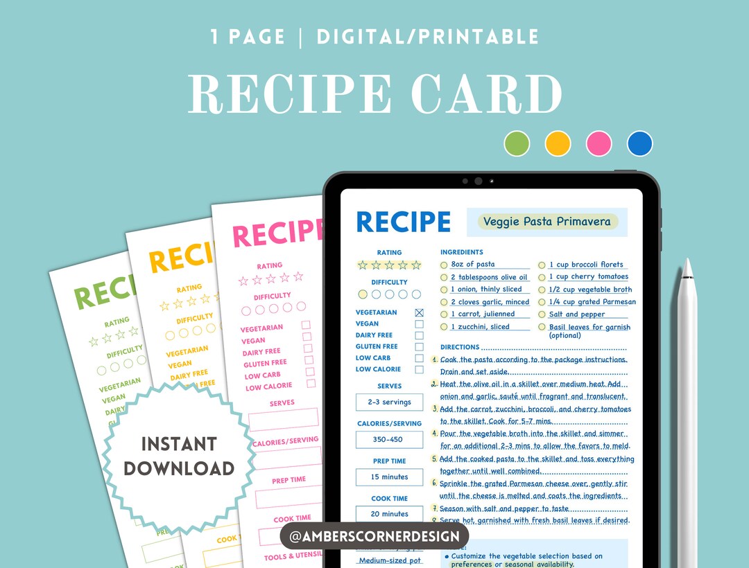 Recipe Card Template, Onepage Digital/printable Homecook Planner ...