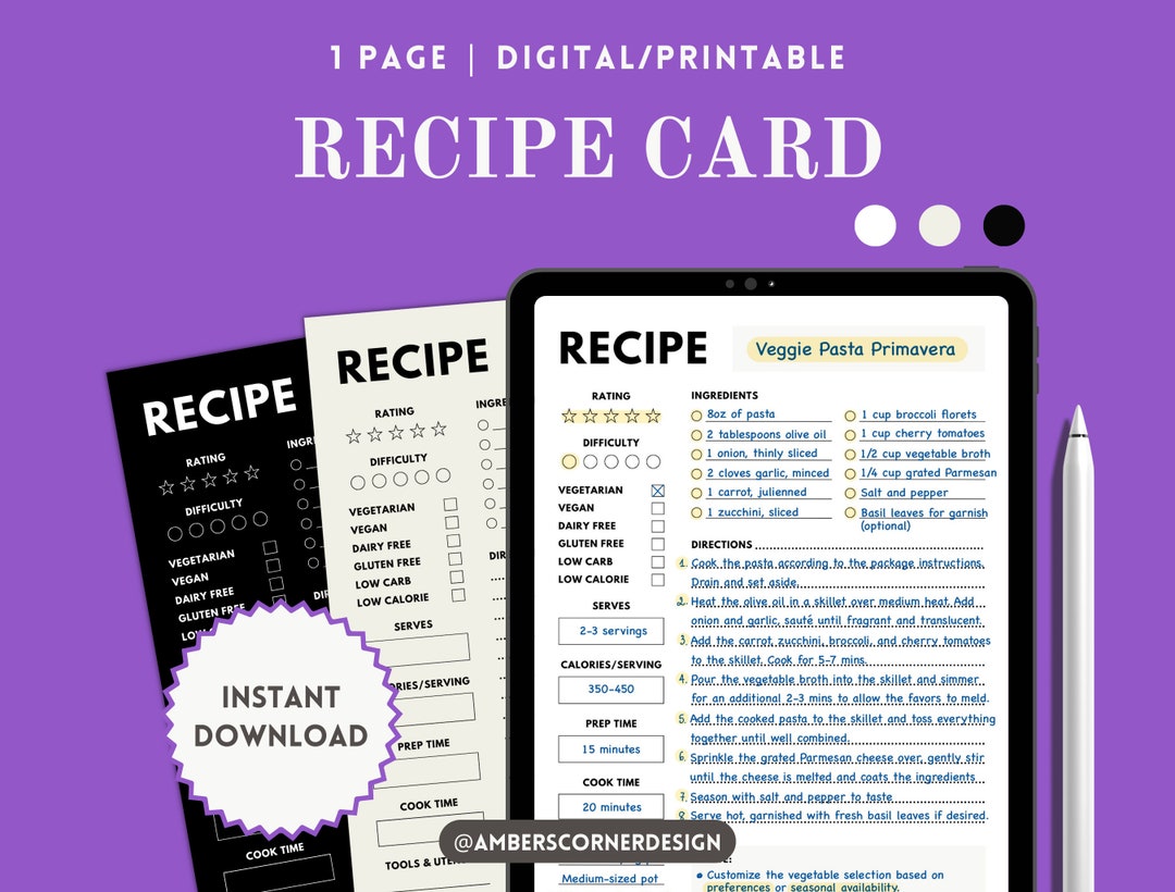 Recipe Card Template, Onepage Digital/printable Homecook Planner ...