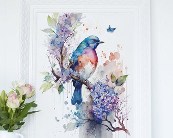 Watercolor Bluebird no.1 Serene Flowers//Premium Quality Digital AI Art Prints,Stunning Wall Art for Home Decor,Instant Affordable Download